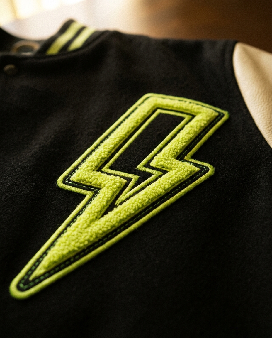 Close-up of a lime-green chenille lightning-bolt patch embroidered on a black wool DaPlug varsity jacket, cream leather sleeve edge in soft background